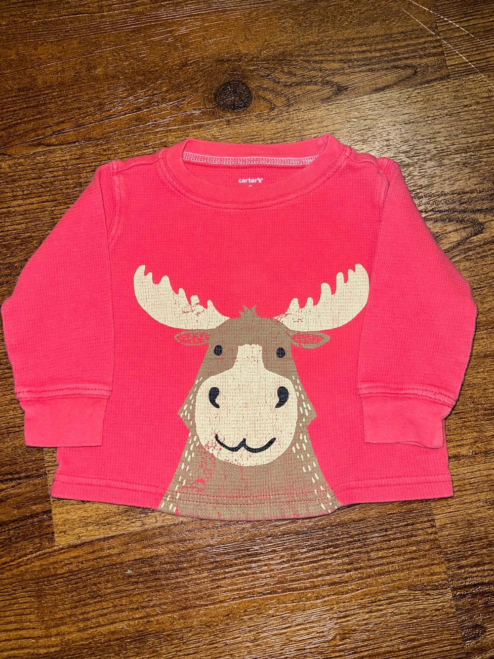 Carter's Toddler Waffle Knit Moose Graphic Coral Crewneck Long Sleeve Size 9mon